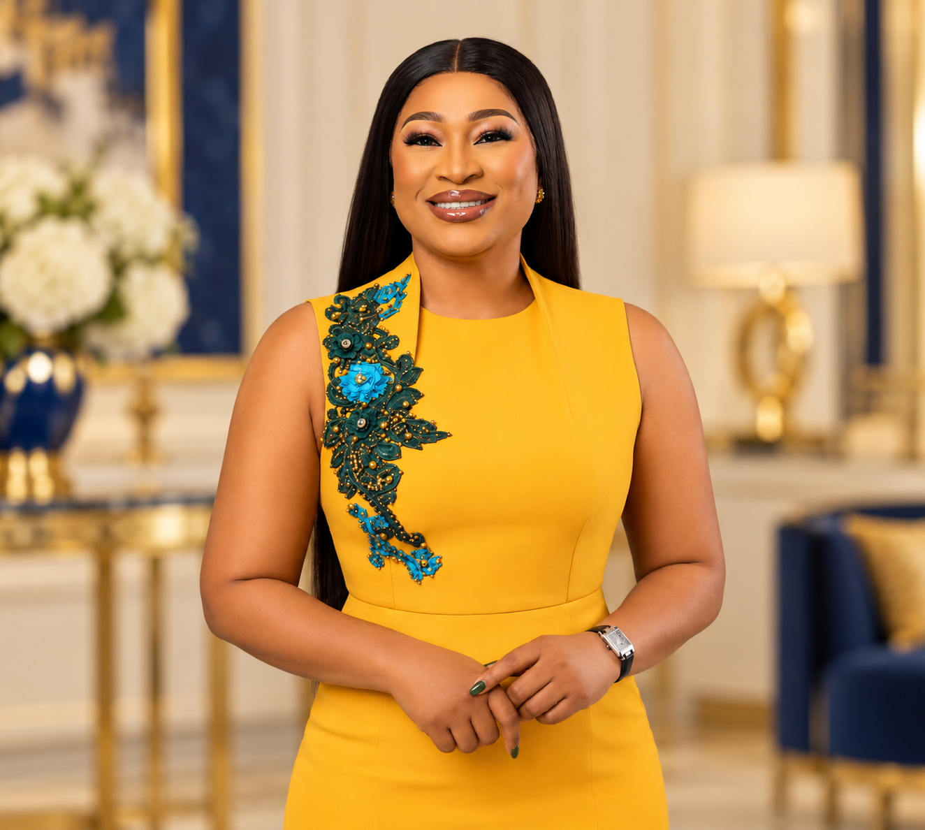 Progress Okuk wearing a yellow dress in an elegant interior