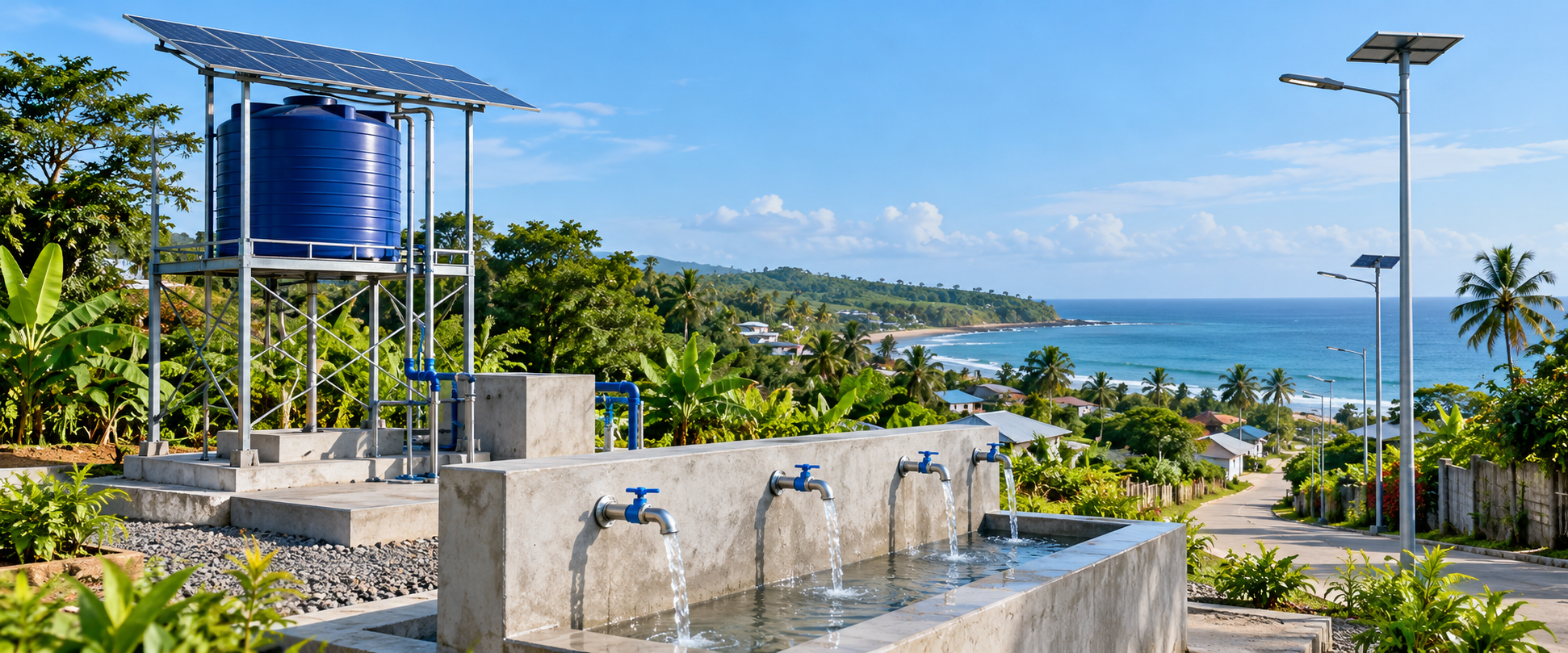 Illustration of solar-powered water supply and community lighting.